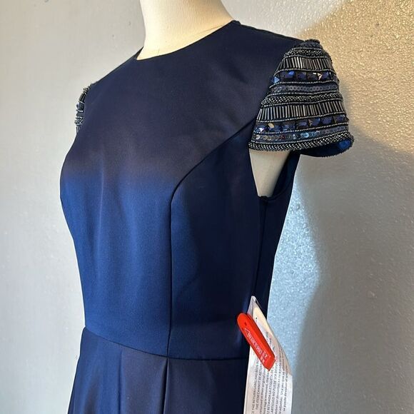 NEW Ieena for Mac Duggal hand- beaded cap sleeve A-line navy blue gown size 6 - Picture 6 of 14